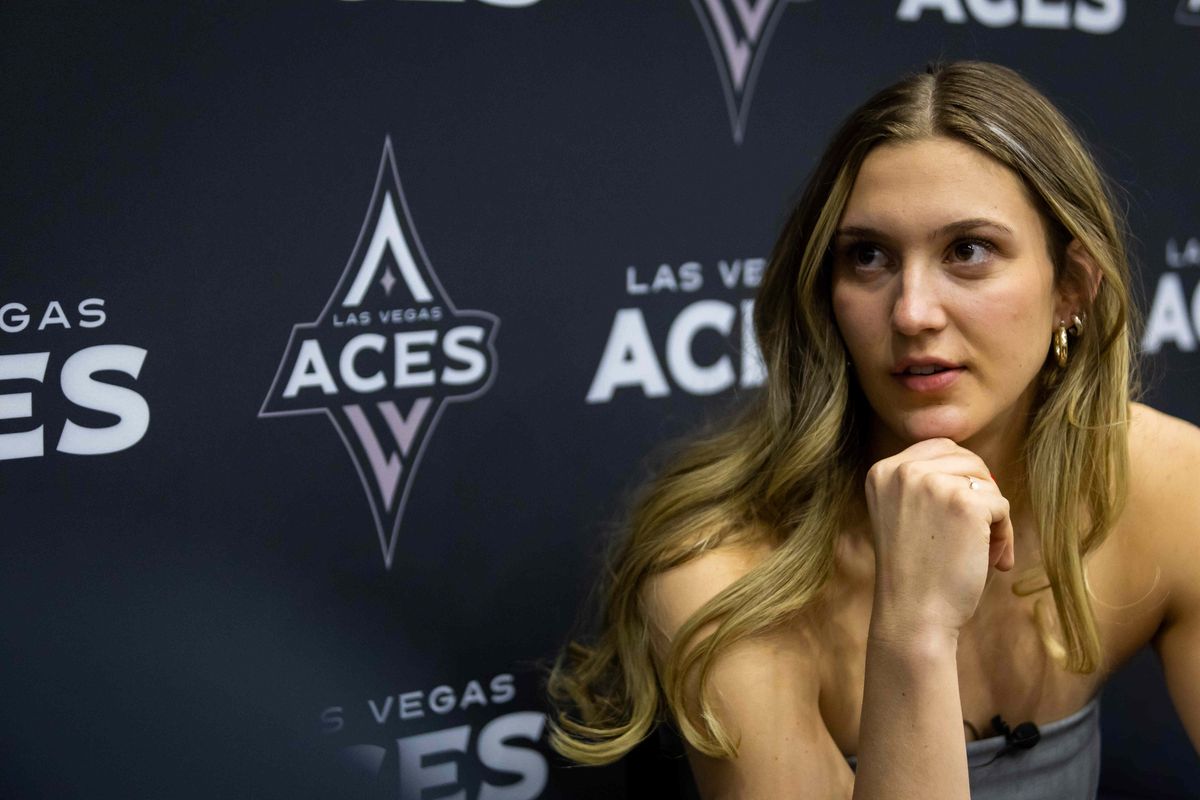 Las Vegas Aces Elizabeth Kitley talks to the media after an introductory press conference, Tuesday February 25, 2025 in Las Vegas, Nev.