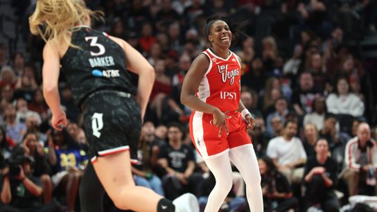 The big three heat up in Aces fifth straight win taken Moda Center (Las Vegas Aces). Photo by Jaime Valdez-Imagn Images