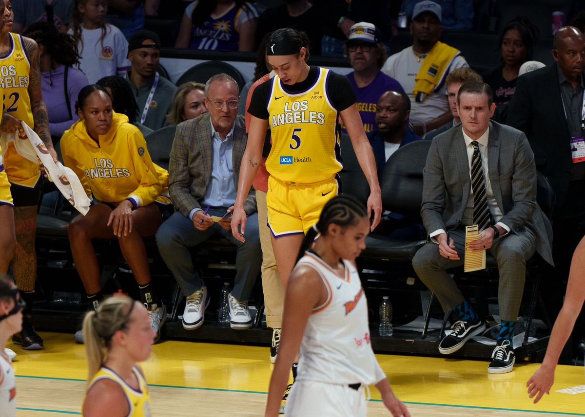 Los Angeles Sparks' Forward, Dearica Hamby 5, reacts to missing a three-pointer during a WNBA basketball game against the Phoenix Mercury on Sunday, June 1st, 2025. Los Angeles Sparks' Forward, Dearica Hamby 5, reacts to missing a three-pointer during a WNBA basketball game against the Phoenix Mercury on Sunday, June 1st, 2025.