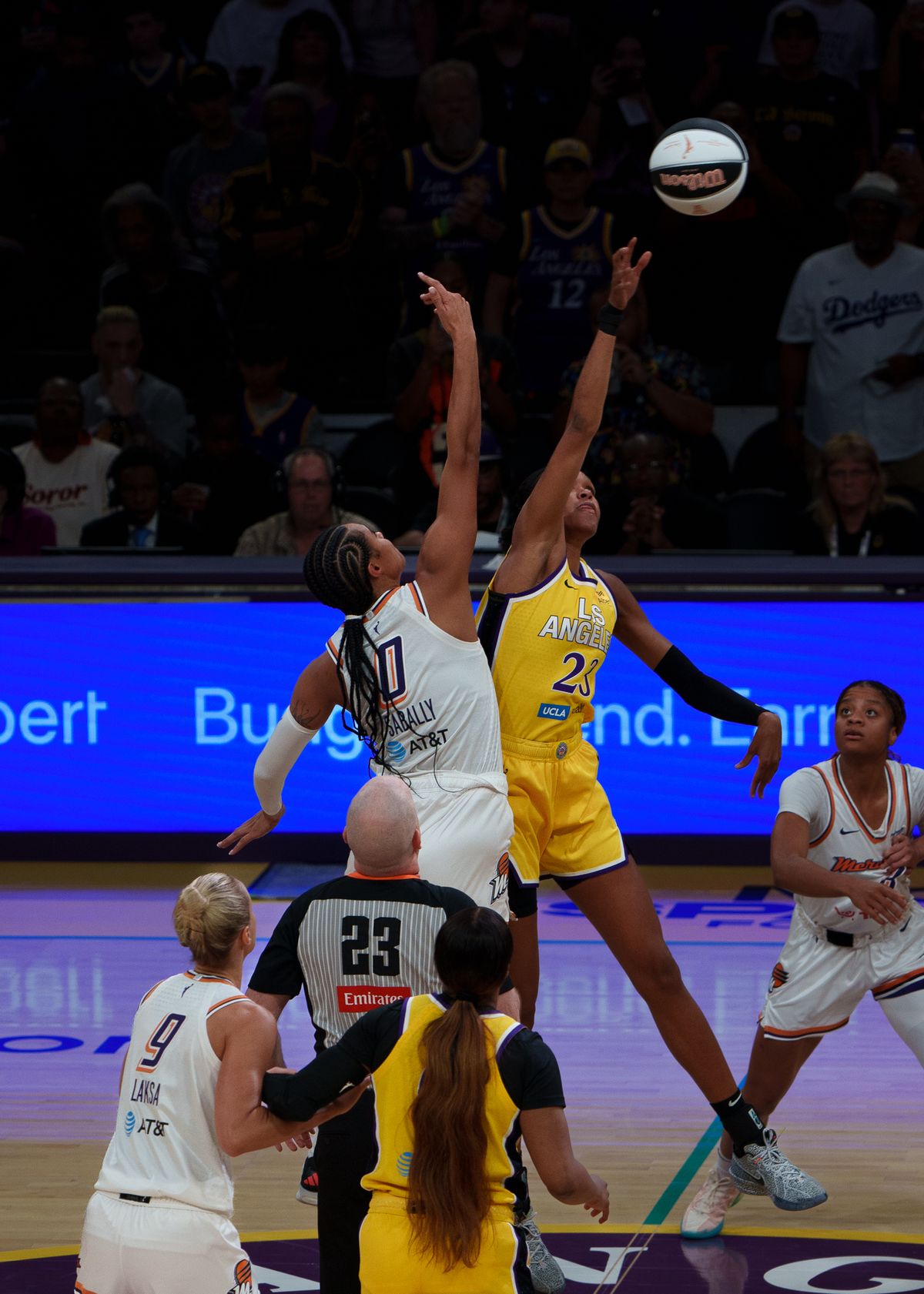 Los Angeles Sparks' Forward, Azura Stevens 23, tips off in favor of the Sparks during a WNBA basketball game on Sunday, June 1st, 2025. Los Angeles Sparks' Forward, Azura Stevens 23, tips off in favor of the Sparks during a WNBA basketball game on Sunday, June 1st, 2025.