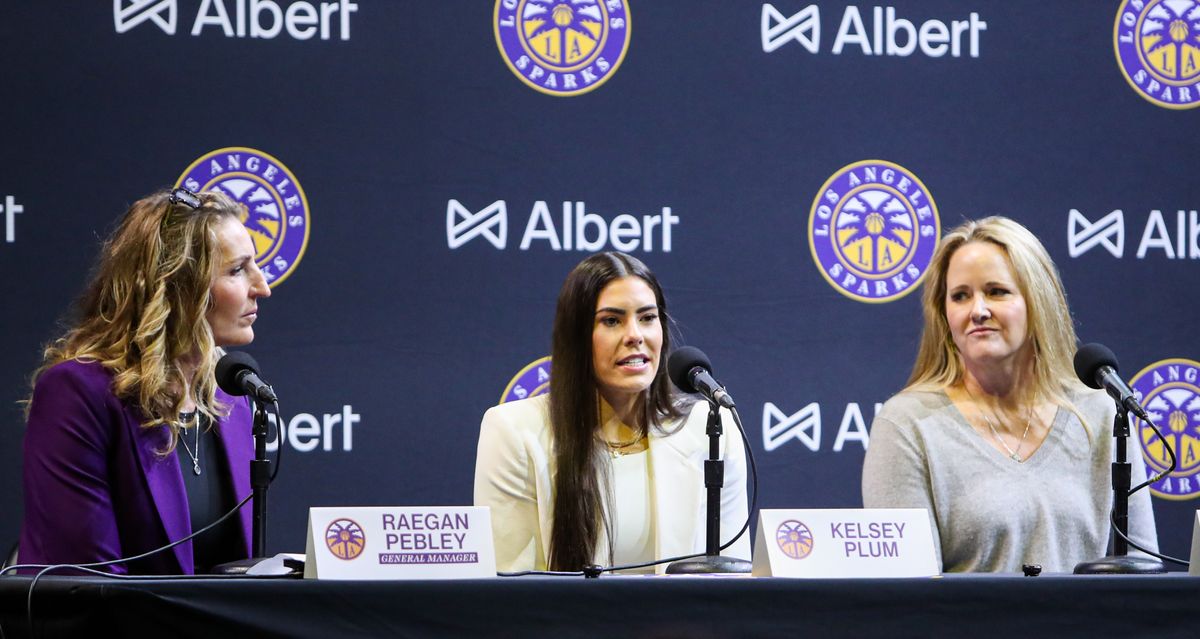General Manager Raegan Pebley, Kelsey Plum #10 of the Los Angeles Sparks, and head coach Lynne Roberts speak with the media during a introductory press conference on February 12, 2025 at Crypto.com Arena in Los Angeles, CA. General Manager Raegan Pebley, Kelsey Plum #10 of the Los Angeles Sparks, and head coach Lynne Roberts speak with the media during a introductory press conference on February 12, 2025 at Crypto.com Arena in Los Angeles, CA.
