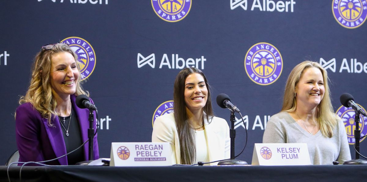 General Manager Raegan Pebley, Kelsey Plum #10 of the Los Angeles Sparks, and head coach Lynne Roberts speak with the media during a introductory press conference on February 12, 2025 at Crypto.com Arena in Los Angeles, CA. General Manager Raegan Pebley, Kelsey Plum #10 of the Los Angeles Sparks, and head coach Lynne Roberts speak with the media during a introductory press conference on February 12, 2025 at Crypto.com Arena in Los Angeles, CA.