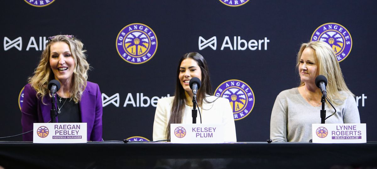 General Manager Raegan Pebley, Kelsey Plum #10 of the Los Angeles Sparks, and head coach Lynne Roberts speak with the media during a introductory press conference on February 12, 2025 at Crypto.com Arena in Los Angeles, CA. General Manager Raegan Pebley, Kelsey Plum #10 of the Los Angeles Sparks, and head coach Lynne Roberts speak with the media during a introductory press conference on February 12, 2025 at Crypto.com Arena in Los Angeles, CA.
