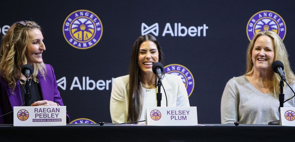 General Manager Raegan Pebley, Kelsey Plum #10 of the Los Angeles Sparks, and head coach Lynne Roberts speak with the media during a introductory press conference on February 12, 2025 at Crypto.com Arena in Los Angeles, CA. General Manager Raegan Pebley, Kelsey Plum #10 of the Los Angeles Sparks, and head coach Lynne Roberts speak with the media during a introductory press conference on February 12, 2025 at Crypto.com Arena in Los Angeles, CA.