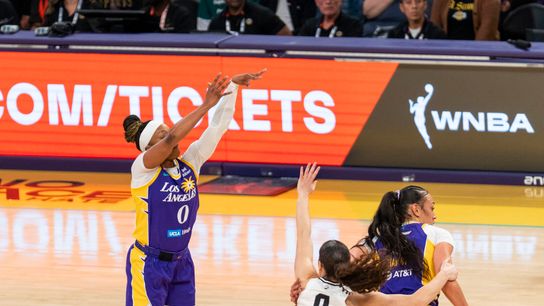 Los Angeles Sparks guard Odyssey Sims (0) shoots a three during a WNBA basketball game against the Golden State Valkyries, Friday May 23rd, 2025 in Los Angeles, California.