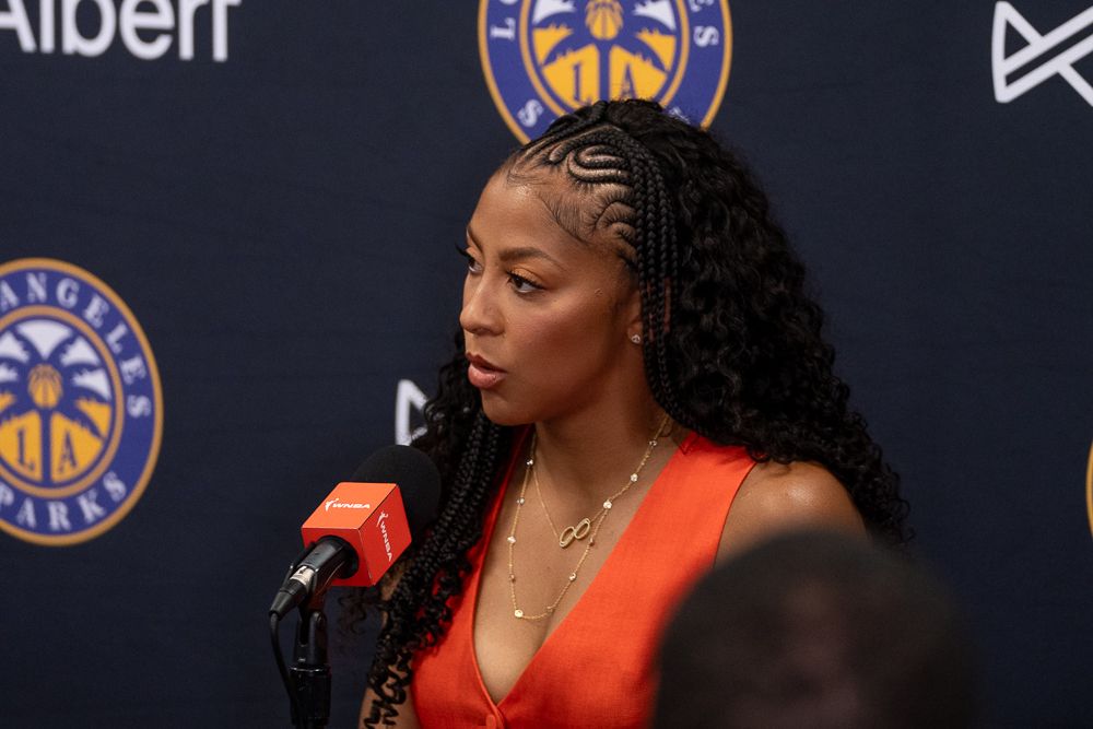 LA Sparks legend Candace Parker speaking at a press conference at a WNBA basketball game against the Chicago Sky, Sunday June 29th, 2025 in Los Angeles, California. 