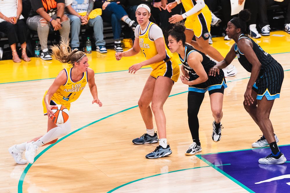 LA Sparks guard Sarah Ashlee Barker (13),  driving in at a WNBA basketball game against the Chicago Sky, Sunday June 29th, 2025 in Los Angeles, California. 