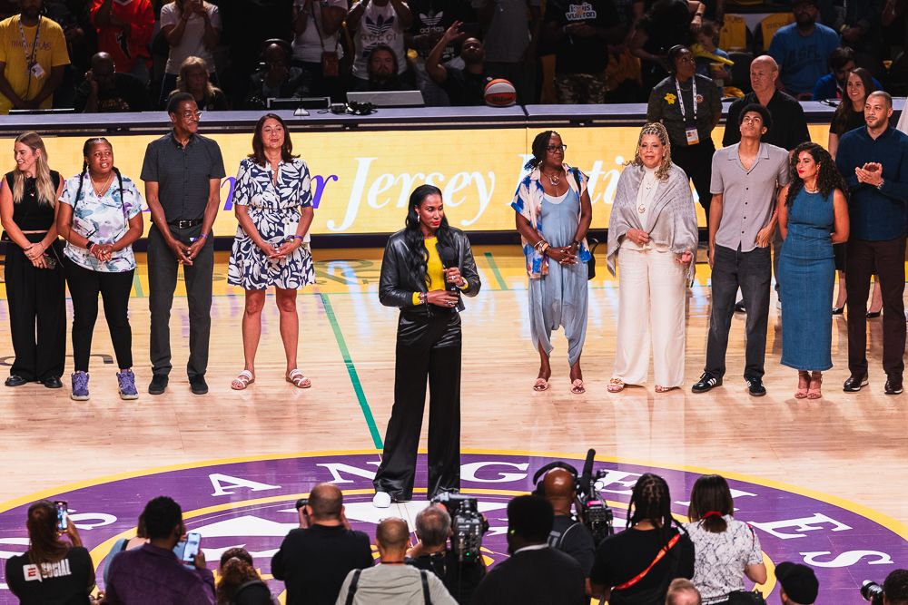 LA Sparks legend Lisa Leslie introduces Candace Parker for her jersey retirement ceremony at a WNBA basketball game against the Chicago Sky, Sunday June 29th, 2025 in Los Angeles, California. 