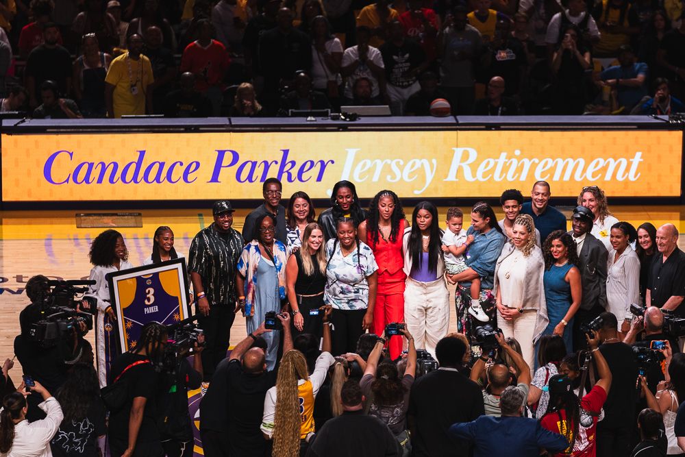 LA Sparks legend Candace Parker for her jersey retirement ceremony at a WNBA basketball game against the Chicago Sky, Sunday June 29th, 2025 in Los Angeles, California. 