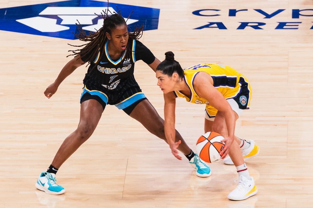 LA Sparks guard Kelsey Plum (10),  looking to score at a WNBA basketball game against the Chicago Sky, Sunday June 29th, 2025 in Los Angeles, California. 