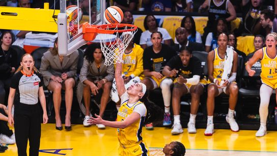 LA Sparks forward Dearica Hamby (5),  scores on a layup at a WNBA basketball game against the Chicago Sky, Sunday June 29th, 2025 in Los Angeles, California. 