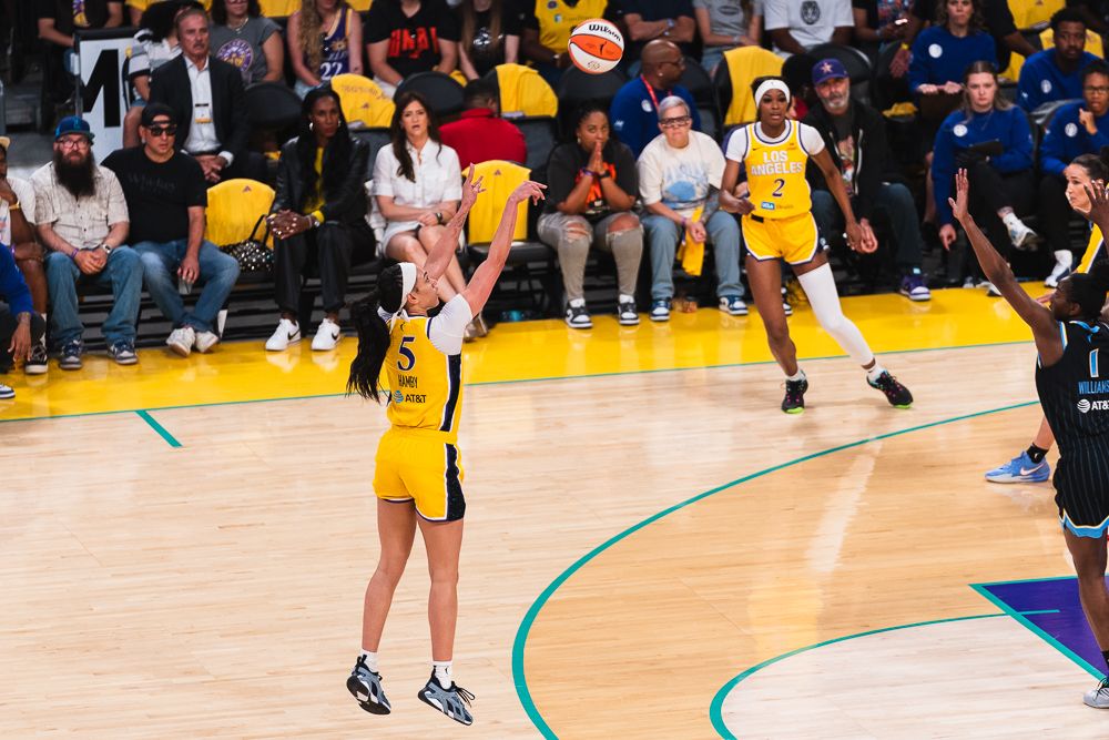 LA Sparks forward Dearica Hamby (5),  shoots a three-pointer at a WNBA basketball game against the Chicago Sky, Sunday June 29th, 2025 in Los Angeles, California. 