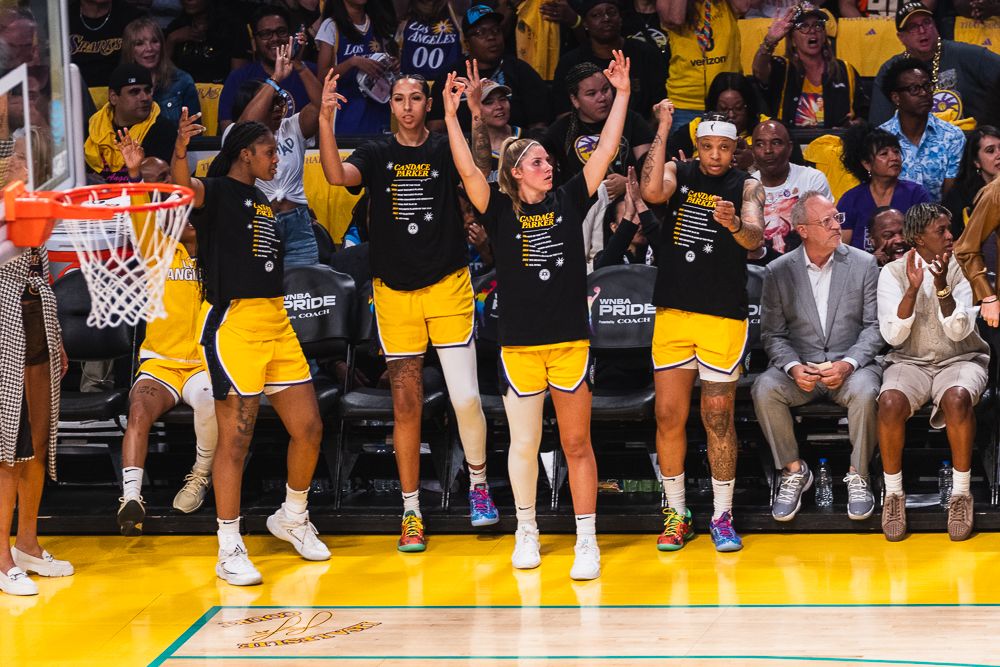 LA Sparks bench celebrating a made three-pointer at a WNBA basketball game against the Chicago Sky, Sunday June 29th, 2025 in Los Angeles, California. 