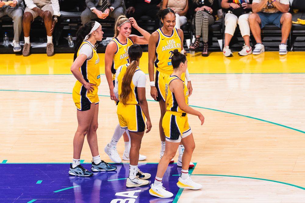 LA Sparks coming out of a timeout at a WNBA basketball game against the Chicago Sky, Sunday June 29th, 2025 in Los Angeles, California. 