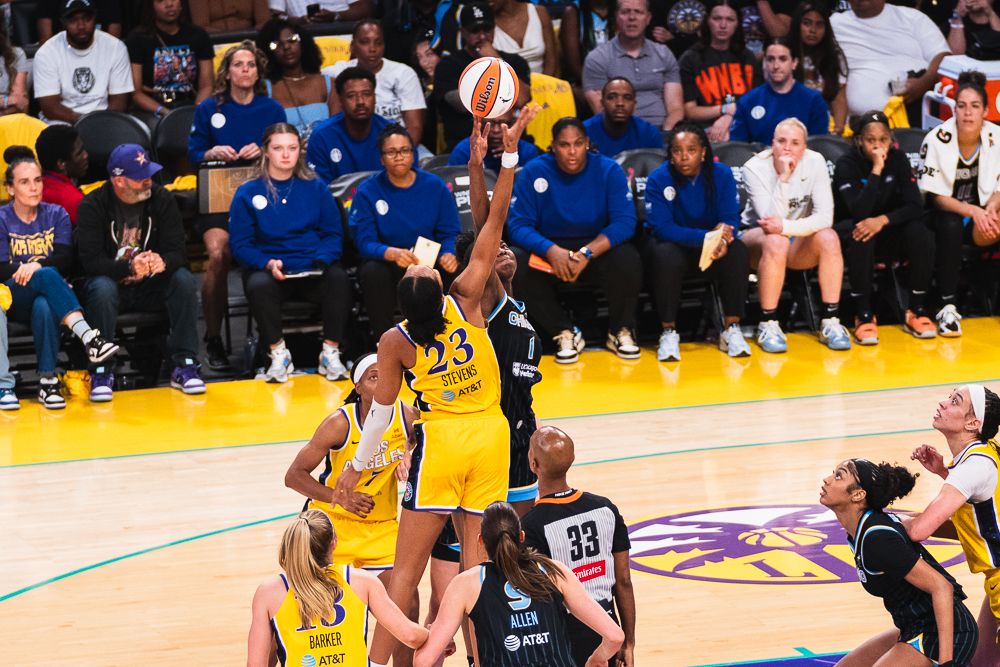 LA Sparks center Azura Stevens (23),  jumping for the ball at a WNBA basketball game against the Chicago Sky, Sunday June 29th, 2025 in Los Angeles, California. 