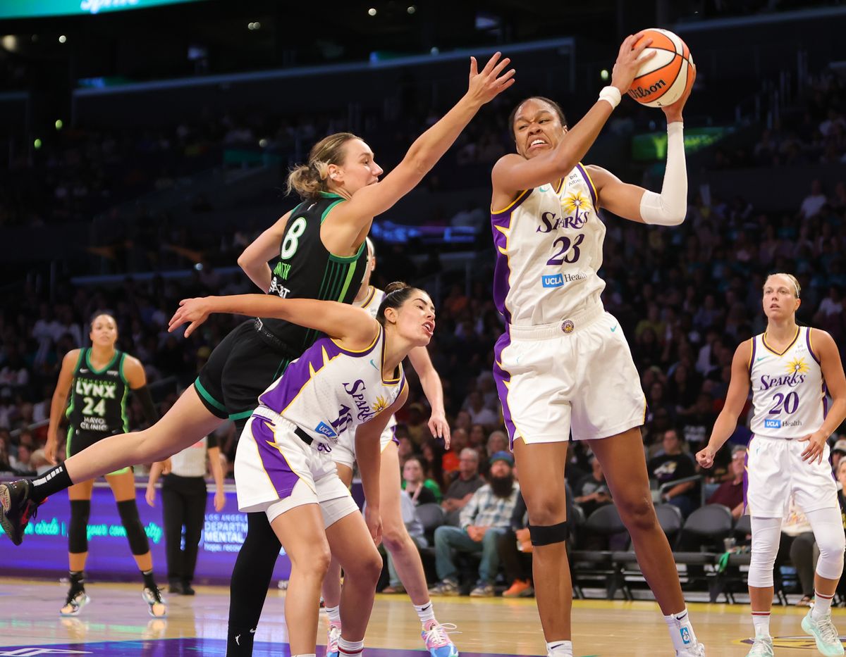 #23 Azura Stevens of the Los Angeles Sparks secures a rebound against the Minnesota Lynx on July 10, 2025 in Los Angeles, CA. #23 Azura Stevens of the Los Angeles Sparks secures a rebound against the Minnesota Lynx on July 10, 2025 in Los Angeles, CA.