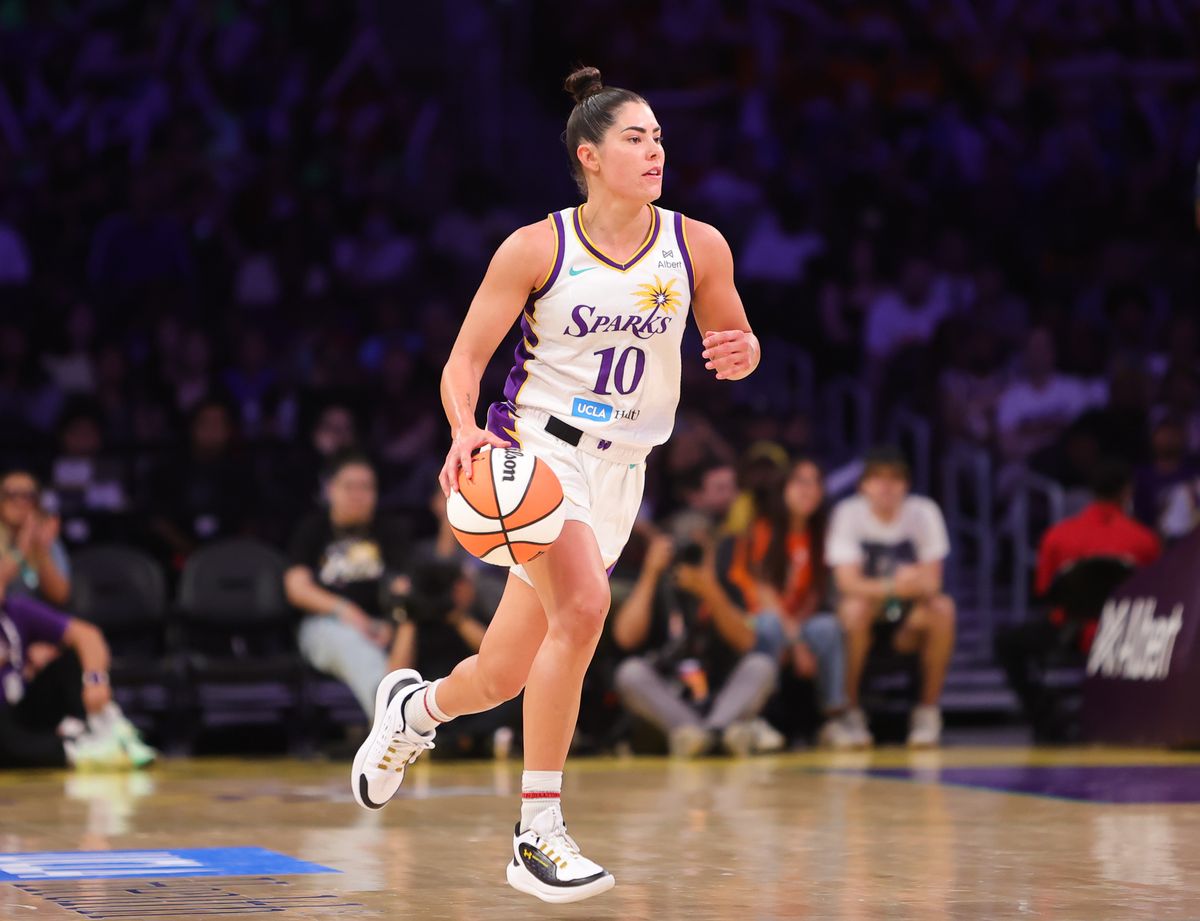 #10 Kelsey Plum of the Los Angeles Sparks dribbles the ball up court against the Minnesota Lynx on July 10, 2025 in Los Angeles, CA. #10 Kelsey Plum of the Los Angeles Sparks dribbles the ball up court against the Minnesota Lynx on July 10, 2025 in Los Angeles, CA.