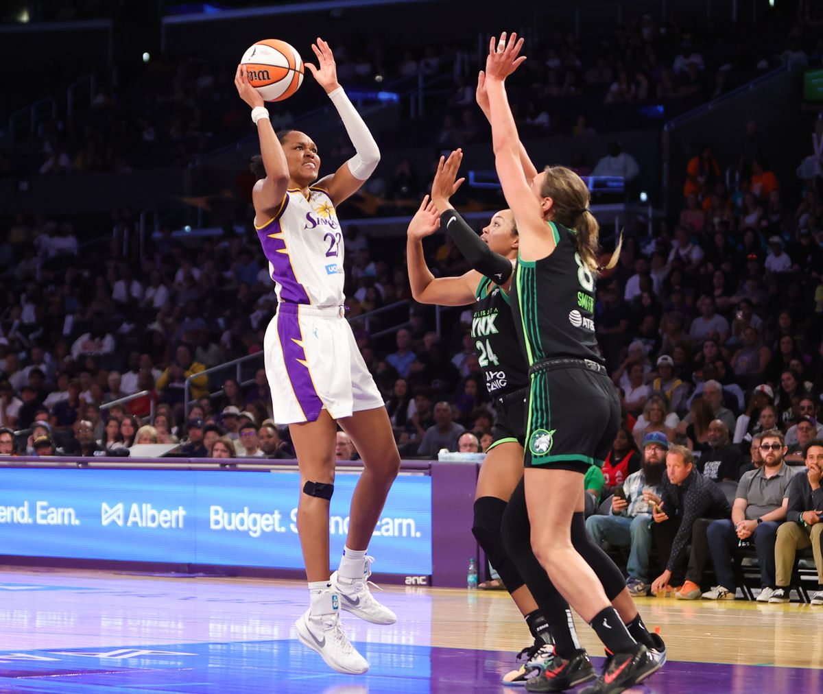 #23 Azura Stevens of the Los Angeles Sparks attempts a jumpshot against the Minnesota Lynx on July 10, 2025 in Los Angeles, CA. #23 Azura Stevens of the Los Angeles Sparks attempts a jumpshot against the Minnesota Lynx on July 10, 2025 in Los Angeles, CA.