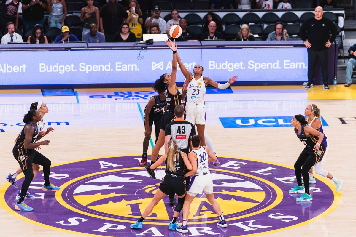LA Sparks center Azura Stevens (23),  jumping for the ball at a WNBA basketball game against the Connecticut Suns, Sunday July 13th, 2025 in Los Angeles, California. 