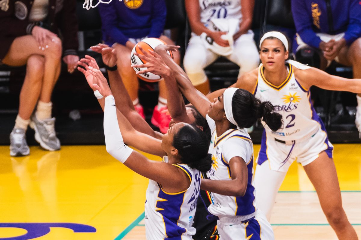LA Sparks forward Rickea Jackson (2), blocking a shot at a WNBA basketball game against the Connecticut Suns, Sunday July 13th, 2025 in Los Angeles, California. 