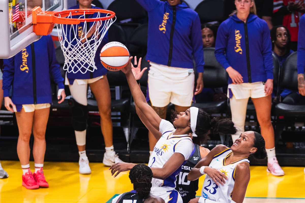 LA Sparks forward Rickea Jackson (2), driving in at a WNBA basketball game against the Connecticut Suns, Sunday July 13th, 2025 in Los Angeles, California. 