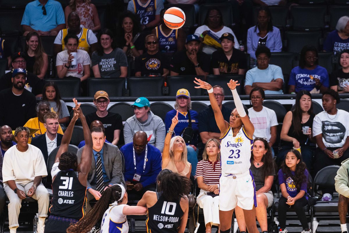 LA Sparks center Azura Stevens (23),  shooting a three pointer at a WNBA basketball game against the Connecticut Suns, Sunday July 13th, 2025 in Los Angeles, California.