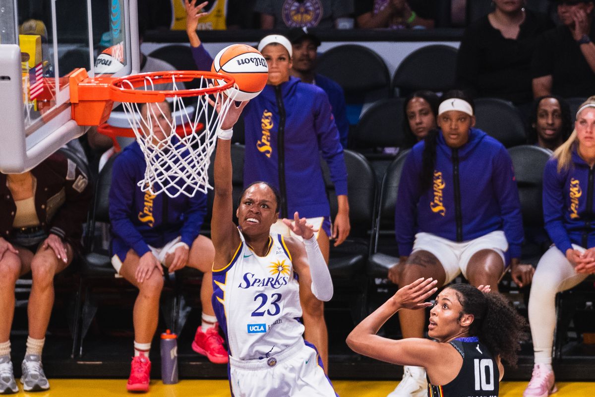 LA Sparks center Azura Stevens (23),  shooting a jumper at a WNBA basketball game against the Connecticut Suns, Sunday July 13th, 2025 in Los Angeles, California. 