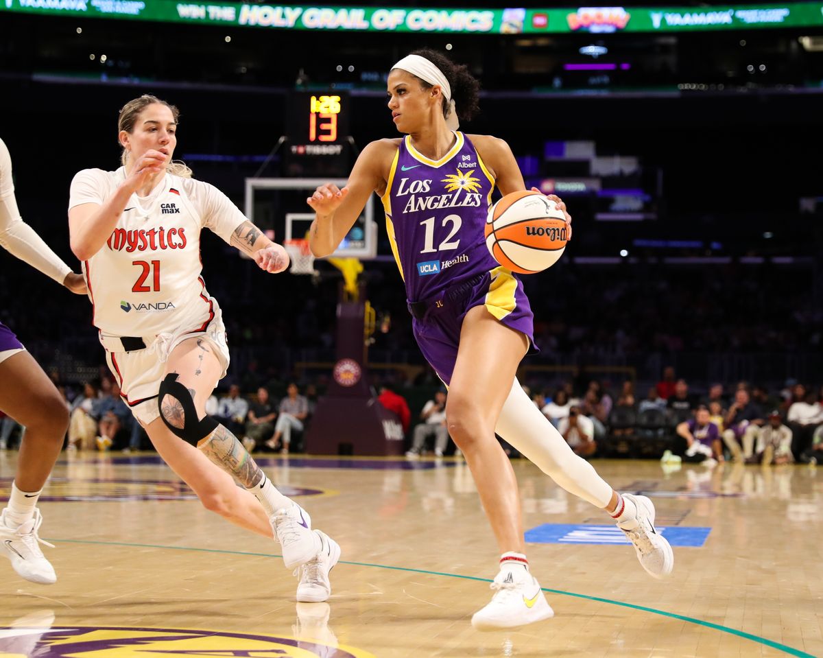 #12 Rae Burrell of the Los Angeles Sparks dribbles the ball against the Washington Mystics on July 15, 2025 in Los Angeles, CA.
