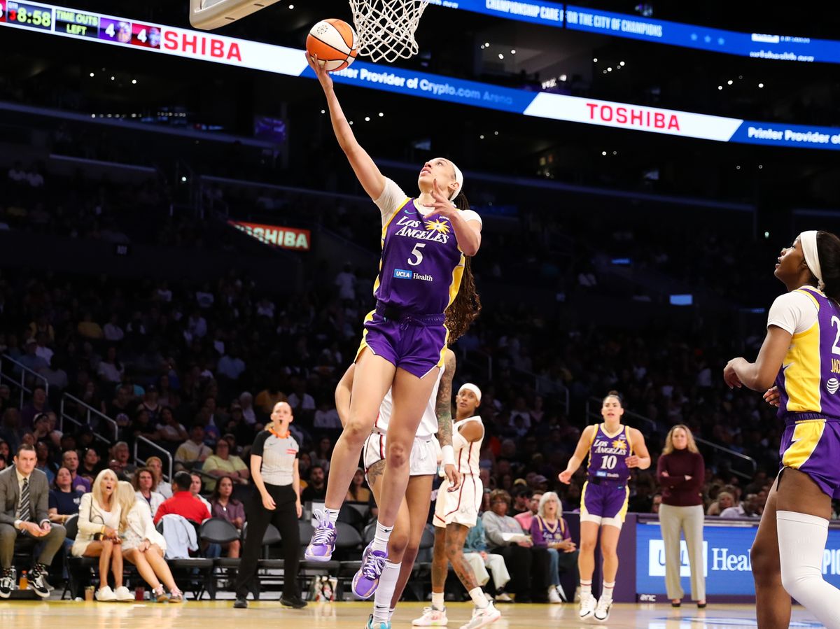#5 Dearica Hamby of the Los Angeles Sparks attempts a layup against the Washington Mystics on July 15, 2025 in Los Angeles, CA., 2025 in Los Angeles, CA.