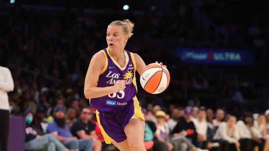 #35 Julie Vanloo of the Los Angeles Sparks dribbles the ball up court against the Washington Mystics on July 15, 2025 in Los Angeles, CA. #35 Julie Vanloo of the Los Angeles Sparks dribbles the ball up court against the Washington Mystics on July 15, 2025 in Los Angeles, CA.