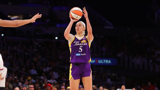 #5 Dearica Hamby of the Los Angeles Sparks shoots a jumpshot against the Washington Mystics on July 15, 2025 in Los Angeles, CA.