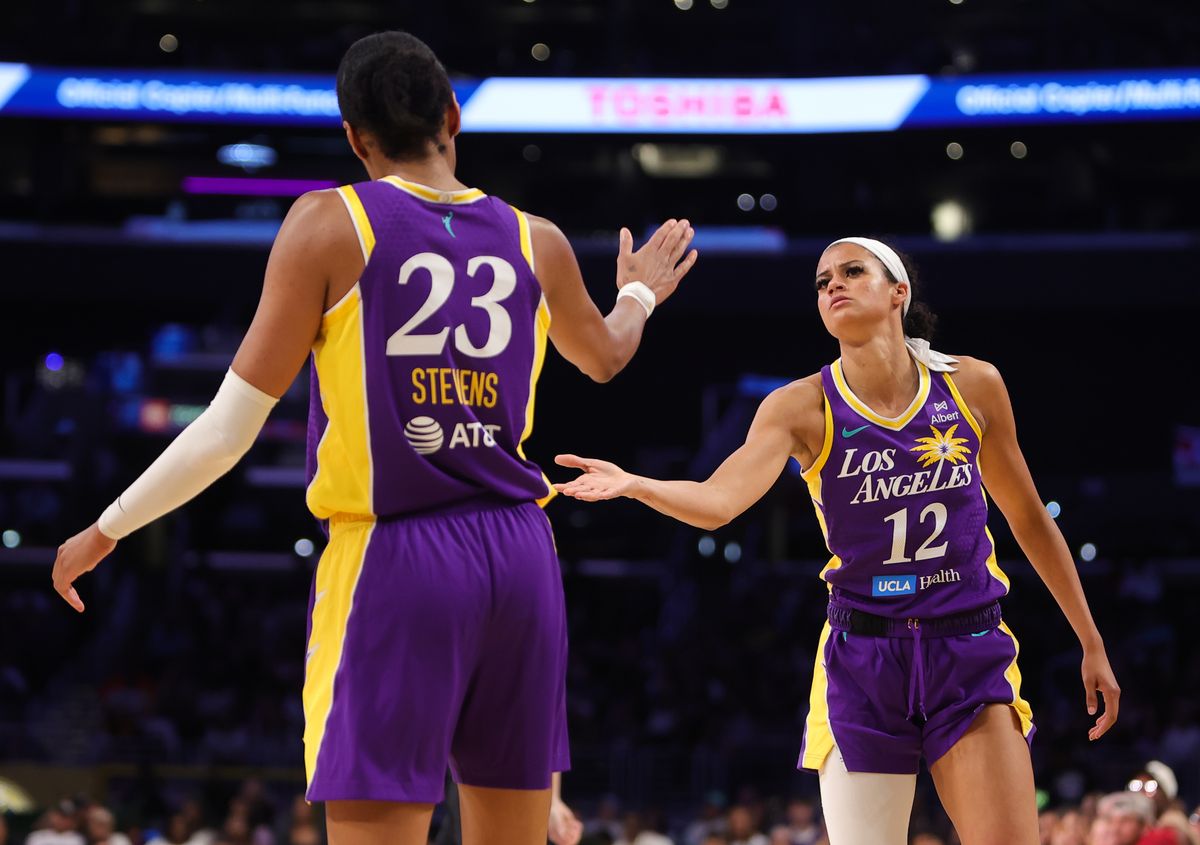 #12 Rae Burrell and #23 Azura Stevens of the Los Angeles Sparks celebrate a call against the Washington Mystics on July 15, 2025 in Los Angeles, CA.
