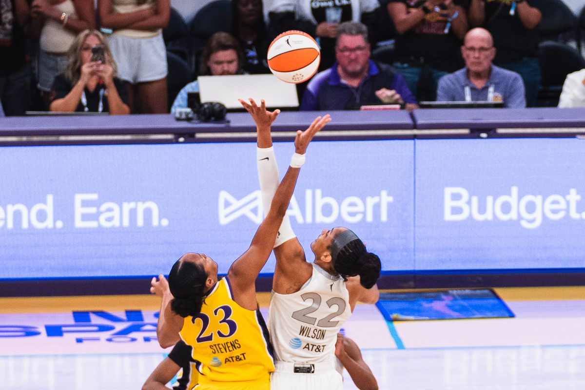 LA Sparks center Azura Stevens (23), tipping off at a WNBA basketball game against the Las Vegas Aces, Tuesday July 29th, 2025 in Los Angeles, California.