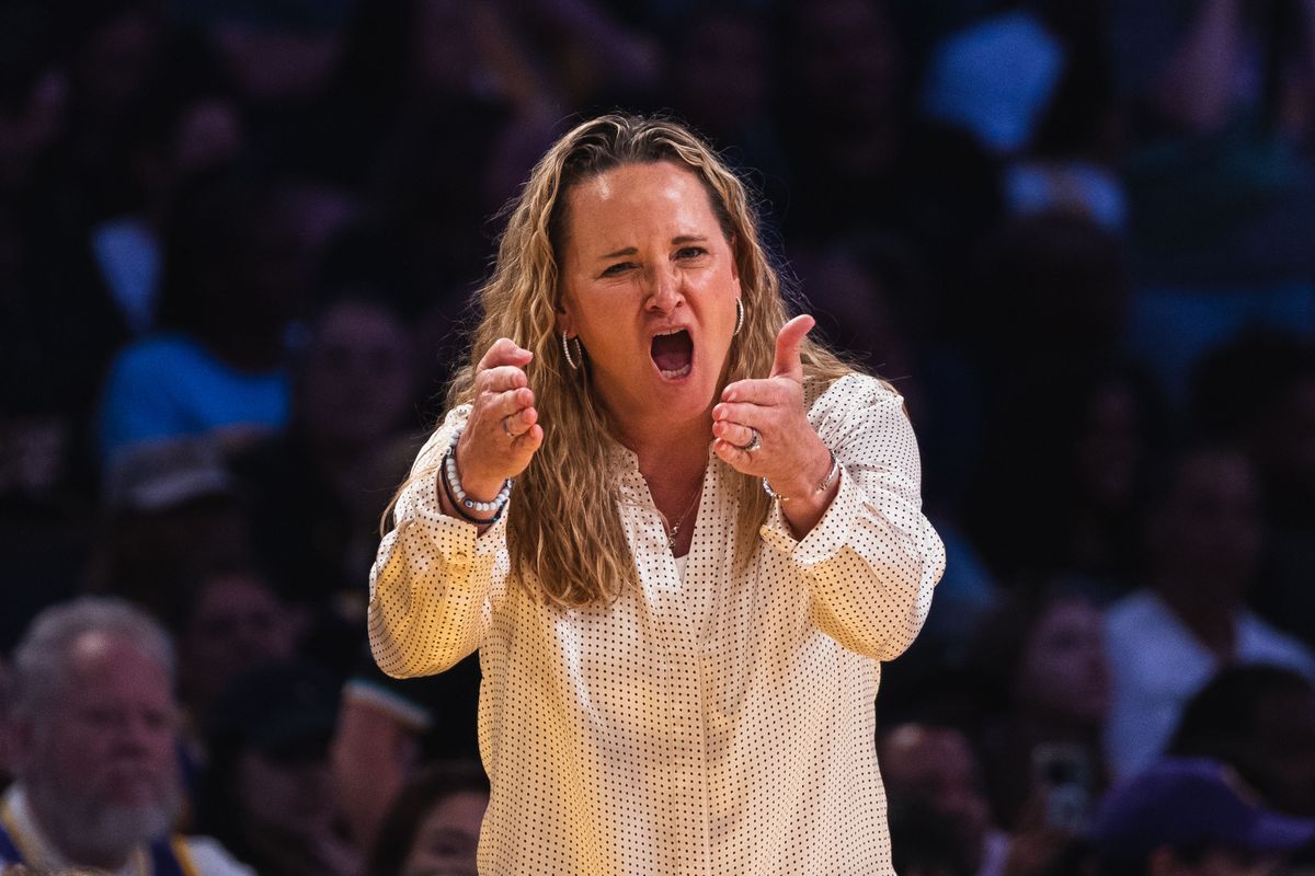 LA Sparks head coach Lynn Roberts, complaining to the referee at a WNBA basketball game against the Las Vegas Aces, Tuesday July 29th, 2025 in Los Angeles, California. 