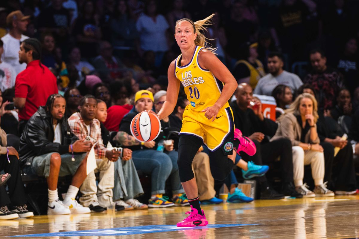 LA Sparks guard Julie Allemand (20), sets up the offense at a WNBA basketball game against the Las Vegas Aces, Tuesday July 29th, 2025 in Los Angeles, California. 
