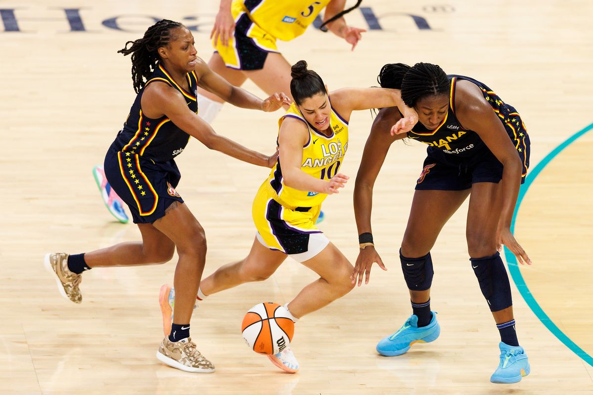 Kelsey Plum #10 of the Los Angeles Sparks is fouled during the game against the Indiana Fever at Crypto.com Arena on August 5, 2025 in Los Angeles, California. Kelsey Plum #10 of the Los Angeles Sparks is fouled during the game against the Indiana Fever at Crypto.com Arena on August 5, 2025 in Los Angeles, California.