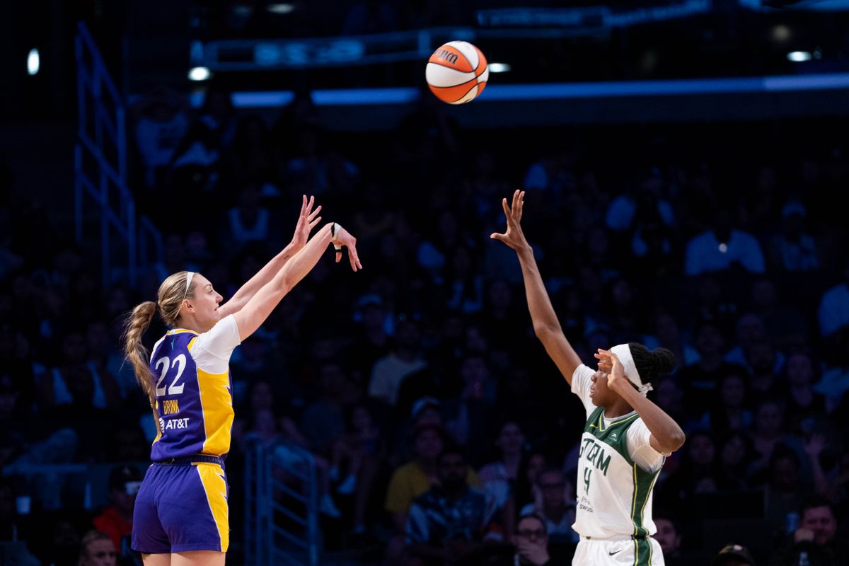 LA Sparks center Cameron Brink (22), shooting a three-pointer at a WNBA basketball game against the Seattle Storm, Sunday August 10th, 2025 in Los Angeles, California.