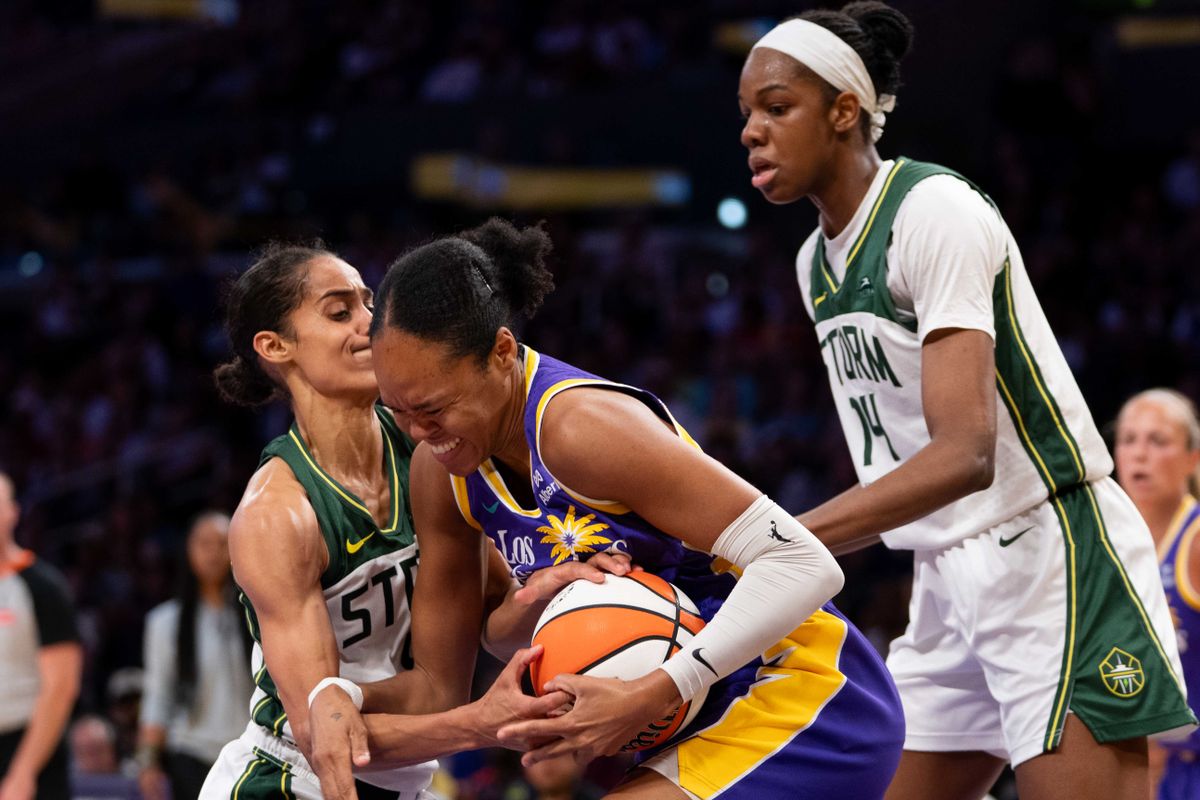 LA Sparks center Azura Stevens (23), fighting for possession at a WNBA basketball game against the Seattle Storm, Sunday August 10th, 2025 in Los Angeles, California. 
