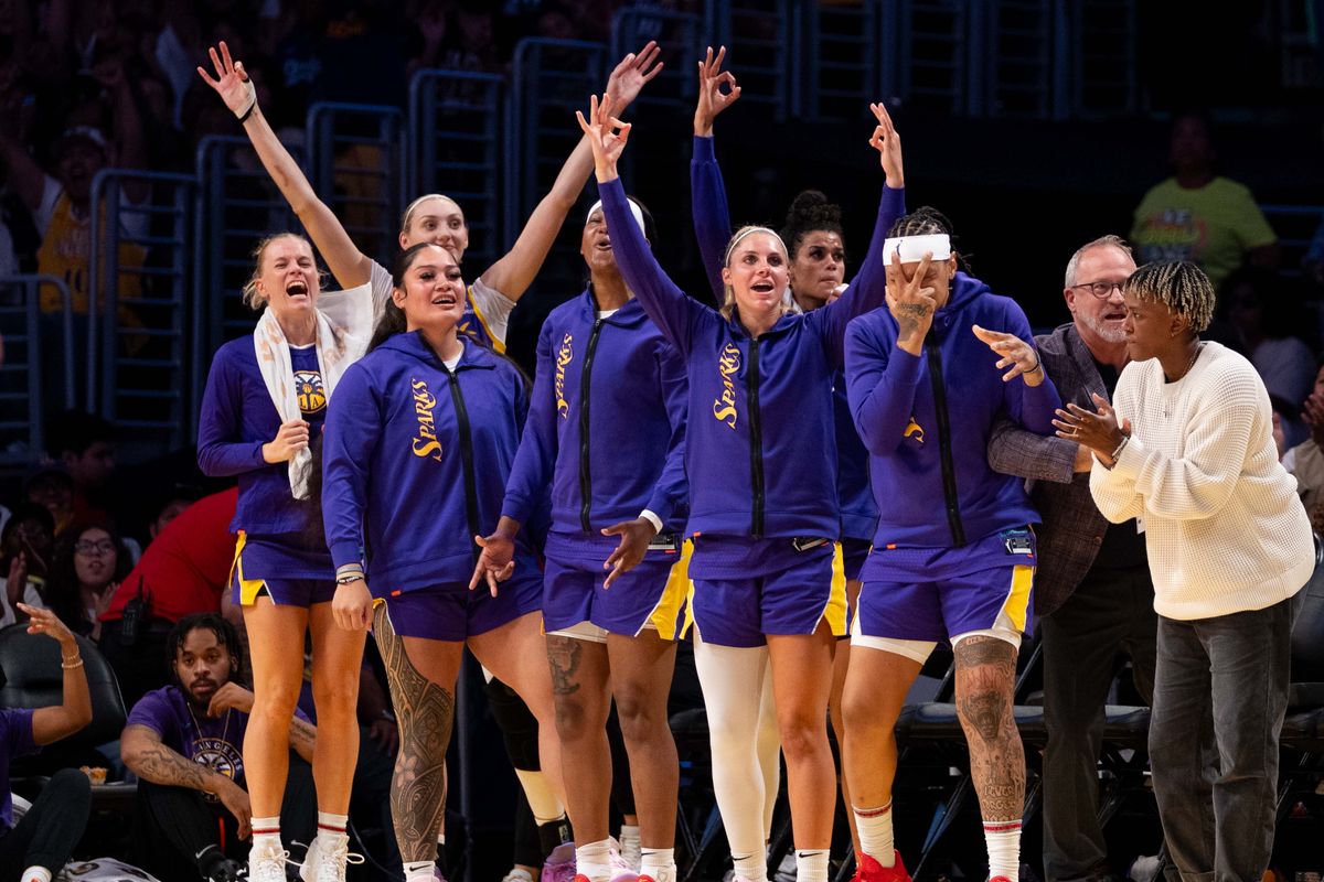 LA Sparks bench celebrate a made three-pointer at a WNBA basketball game against the Seattle Storm, Sunday August 10th, 2025 in Los Angeles, California. 