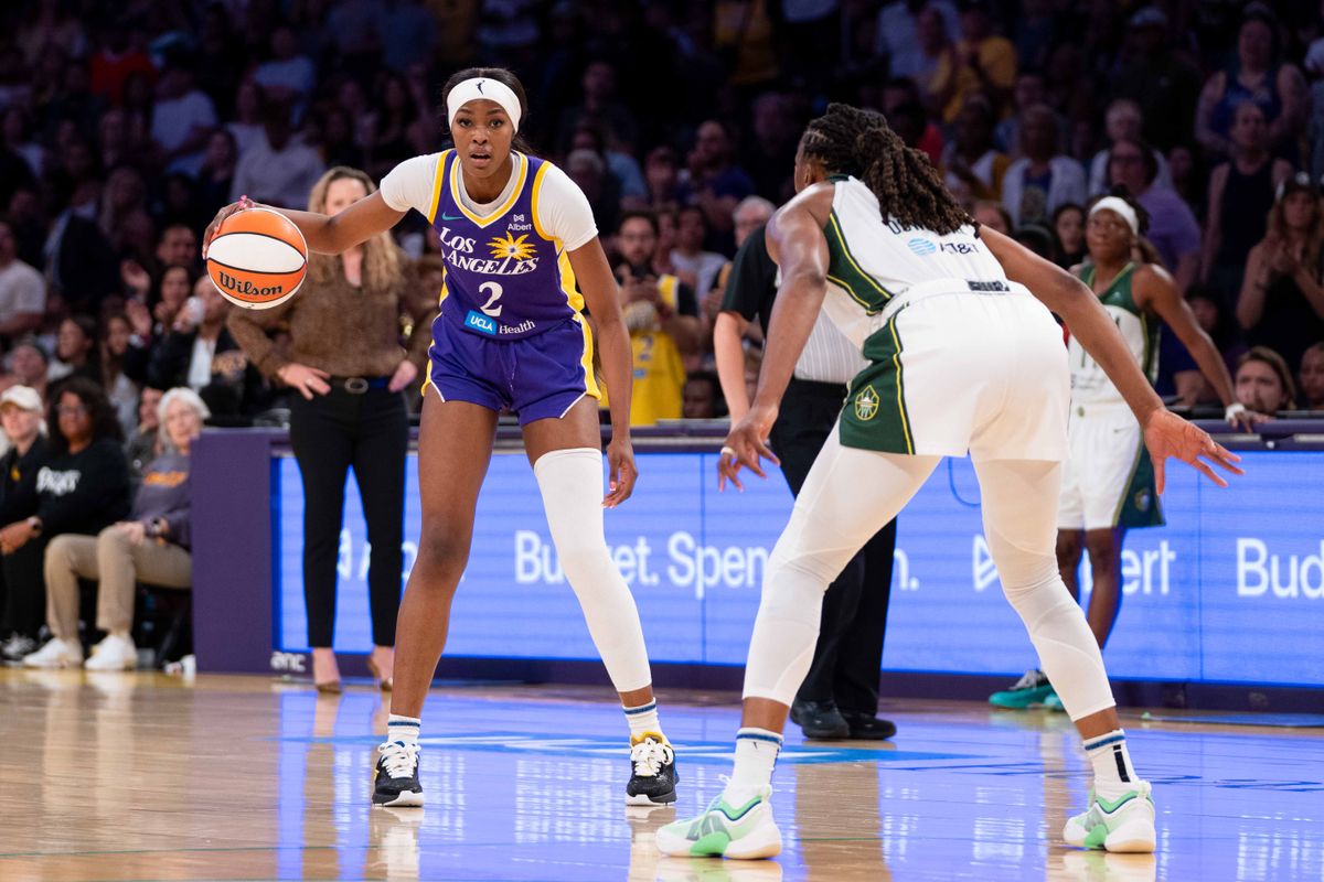 LA Sparks forward Rickea Jackson (2), setting up the offense at a WNBA basketball game against the Seattle Storm, Sunday August 10th, 2025 in Los Angeles, California. 