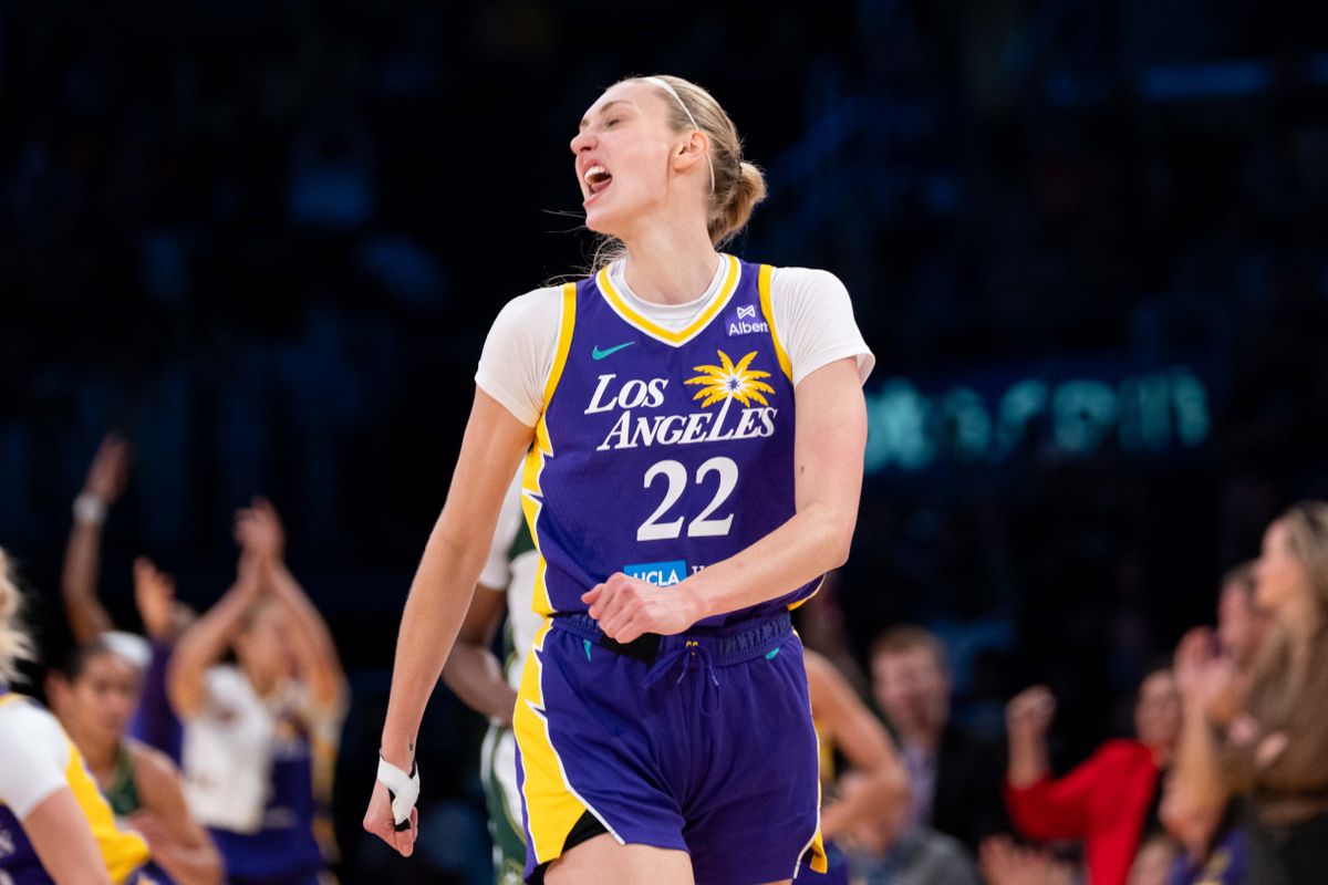 LA Sparks center Cameron Brink (22), celebrates after scoring at a WNBA basketball game against the Seattle Storm, Sunday August 10th, 2025 in Los Angeles, California.