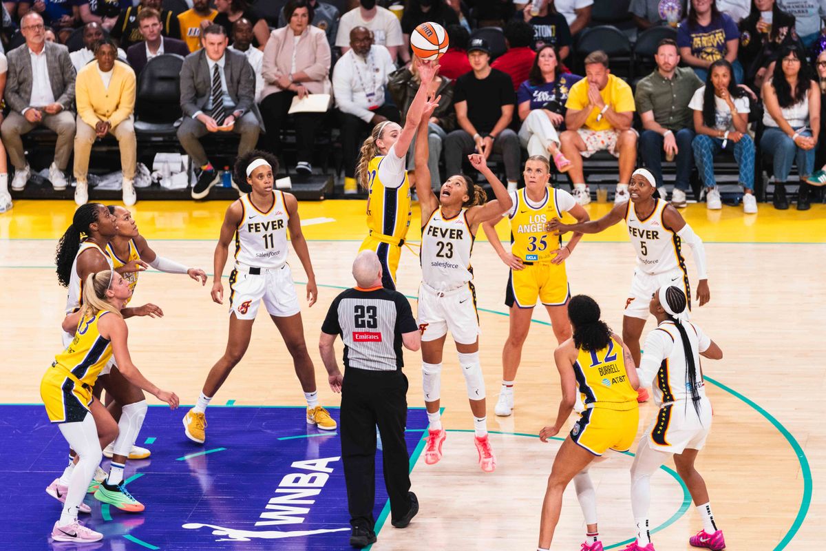 LA Sparks center Cameron Brink (22) jumping for possesion at a WNBA basketball game against the Indiana Fever, Friday August 29th, 2025 in Los Angeles, California. 
