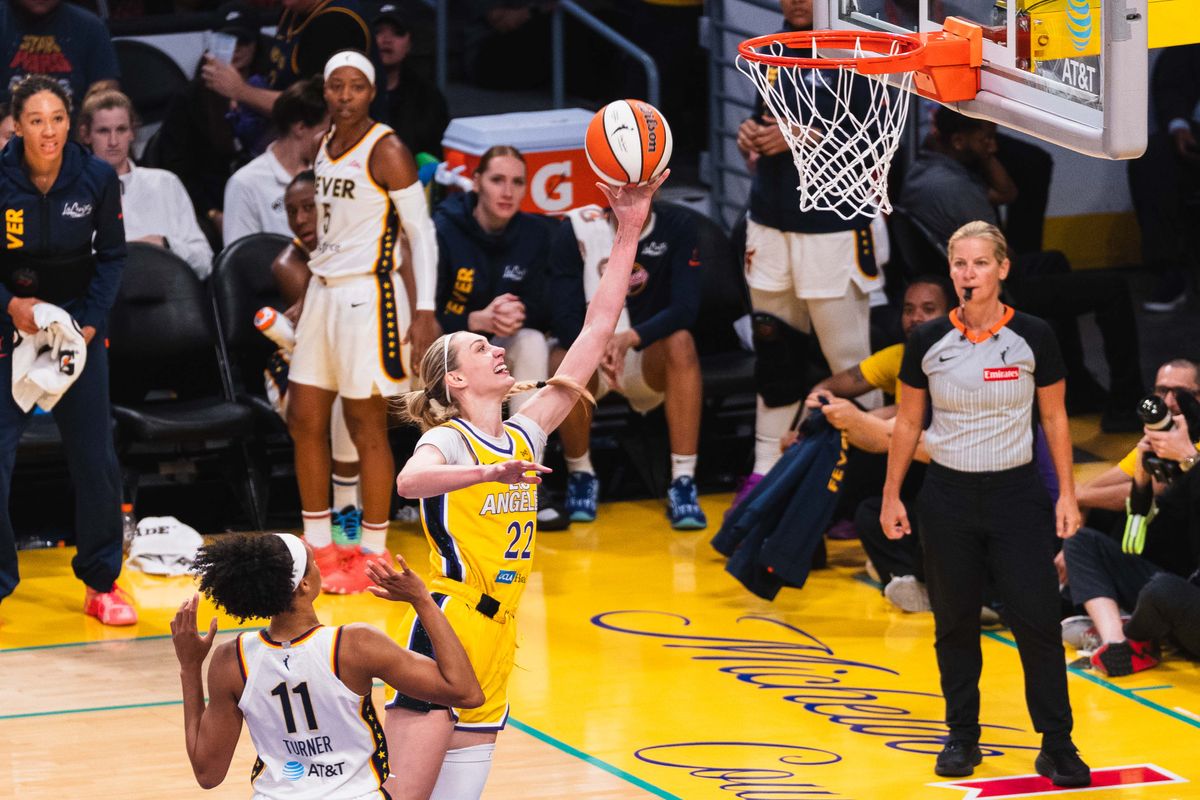 LA Sparks center Cameron Brink (22) takes a lay-up at a WNBA basketball game against the Indiana Fever, Friday August 29th, 2025 in Los Angeles, California. 