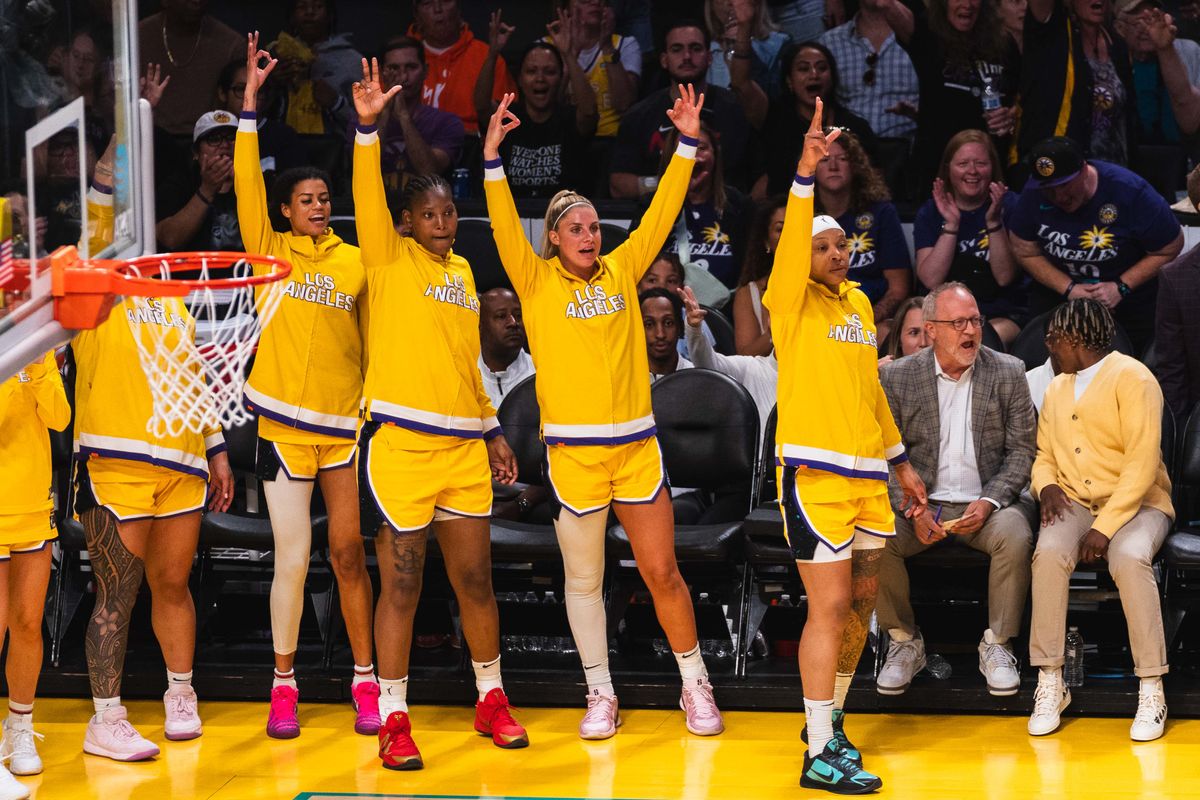 LA Sparks bench celebrating a made three pointer at a WNBA basketball game against the Indianna Fever, Friday August 29th, 2025 in Los Angeles, California. 