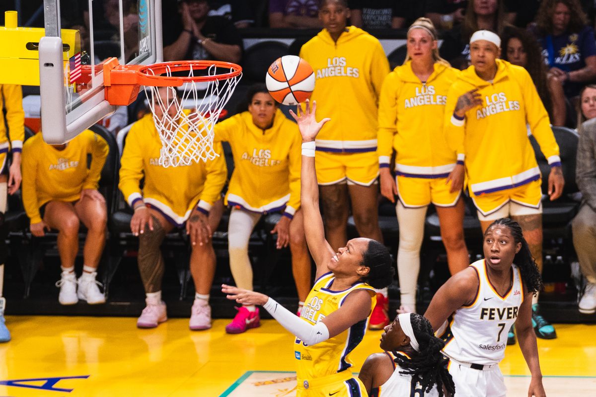 LA Sparks center Azura Stevens (23), taking a lay-up at a WNBA basketball game against the Indiana Fever, Friday August 29th, 2025 in Los Angeles, California. 