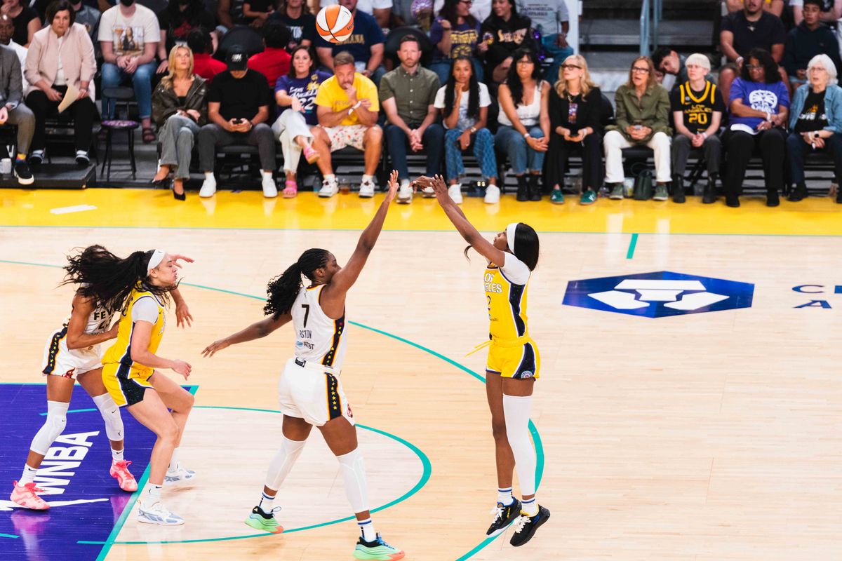 LA Sparks forward Rickea Jackson (2) shooting a three-pointer at a WNBA basketball game against the Indiana Fever, Friday August 29th, 2025 in Los Angeles, California. 