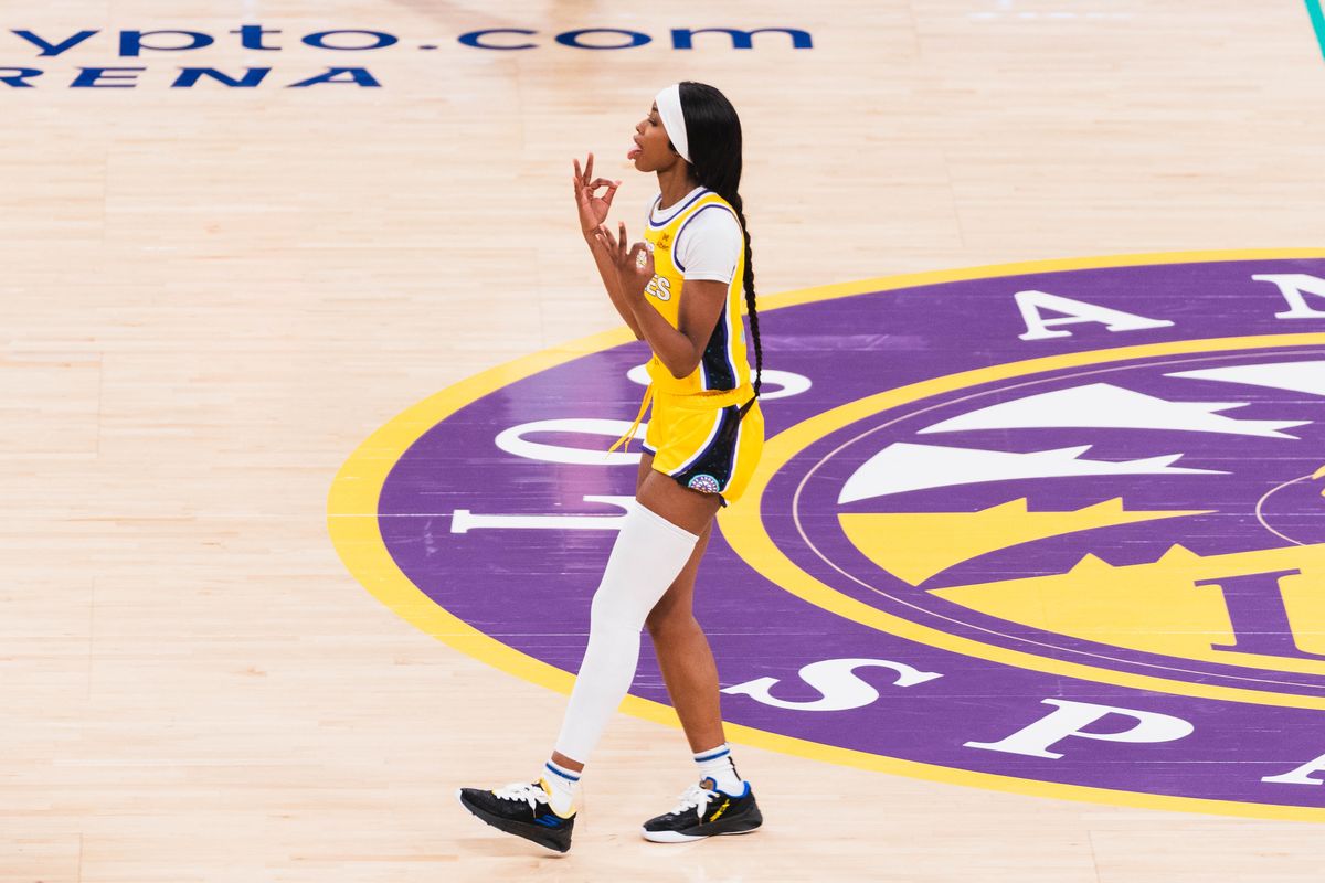 LA Sparks forward Rickea Jackson (2) celebrates a three-pointer at a WNBA basketball game against the Indiana Fever, Friday August 29th, 2025 in Los Angeles, California. 