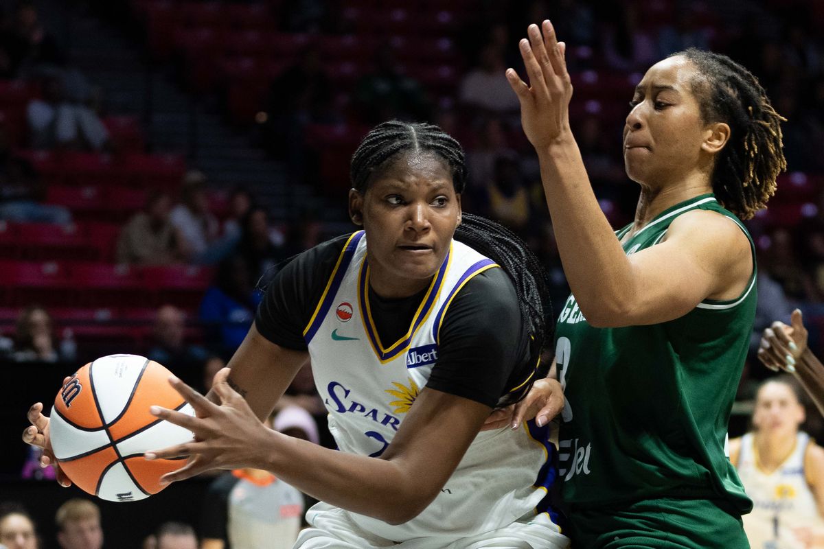LA Sparks forward Sania Feagin (1) backs down her opponent at a WNBA basketball game against Team Nigeria,Saturday April 25th, 2026 in San Diego, California. 