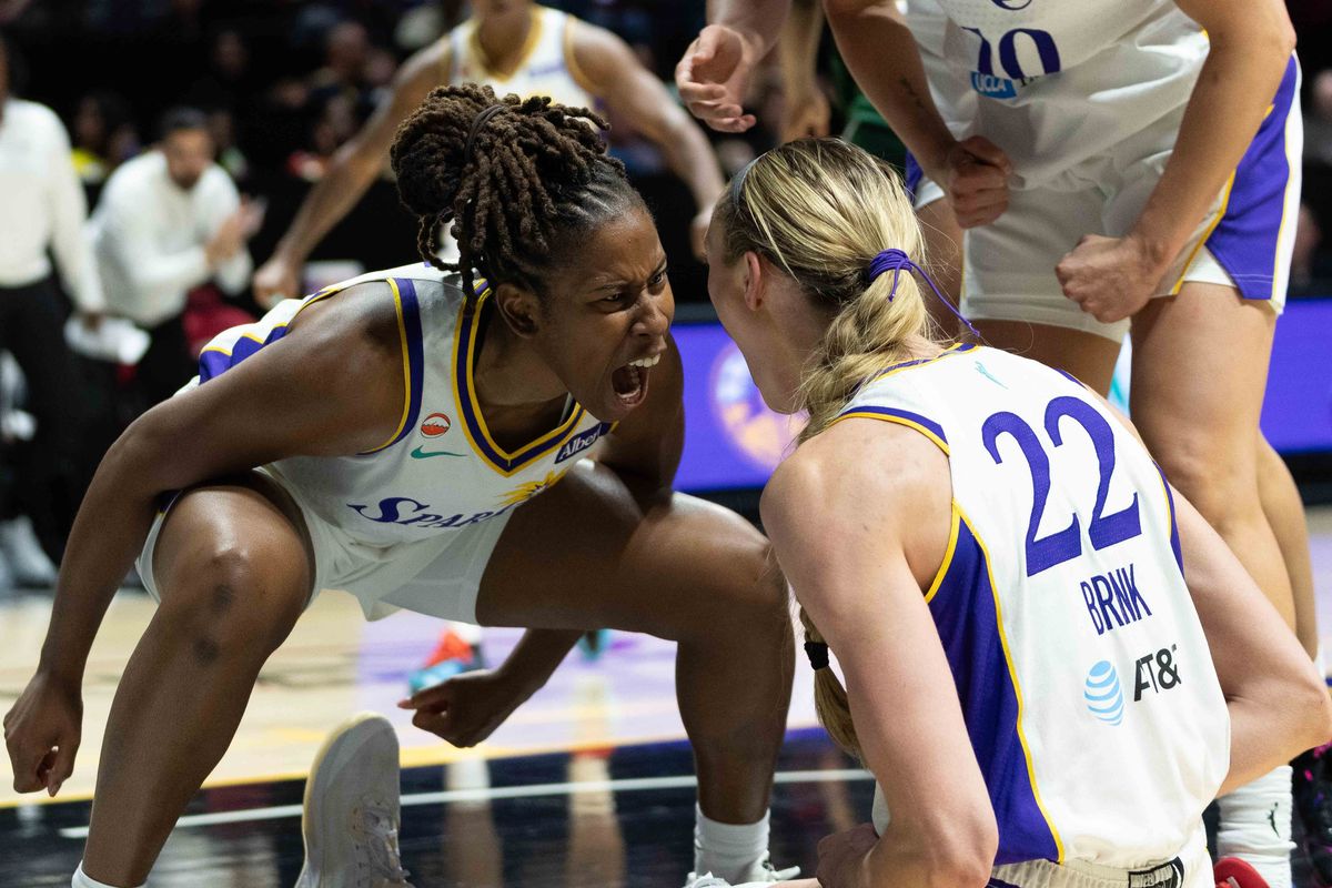LA Sparks guard Ariel Atkins (7) celebrates a Cameron Brink (22) block at a WNBA basketball game against Team Nigeria,Saturday April 25th, 2026 in San Diego, California. 