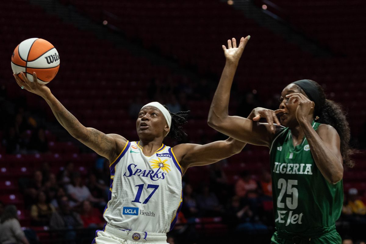 LA Sparks guard Erica Wheeler (17) shoots the ball at a WNBA basketball game against Team Nigeria,Saturday April 25th, 2026 in San Diego, California. 